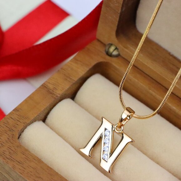 "Rose Gold Letter N Pendant with Crystals – 18K Gold Plated Charm, XPPT1363 - Picture 9 of 13